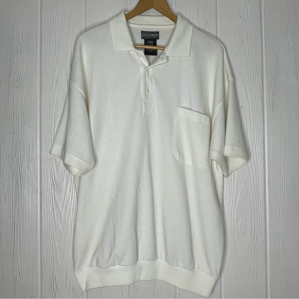 Vintage Members Only Polo Shirt L Ivory White Banded Waistband Textured